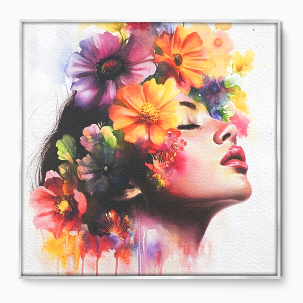 Tablou canvas cu pictura profil femeie cu flori, in rama de aluminiu argintiu